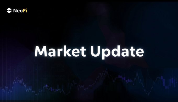 A 'Market Update' graphic by NeoFi featuring a stylized chart line on a dark purple background.