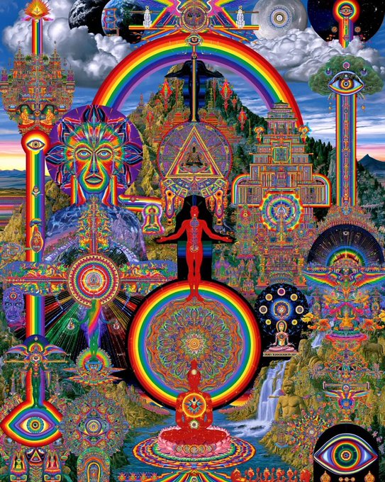 A complex, psychedelic visionary artwork featuring a central red meditating figure surrounded by rainbows, mandalas, mystical temples, mountains, and esoteric symbols.