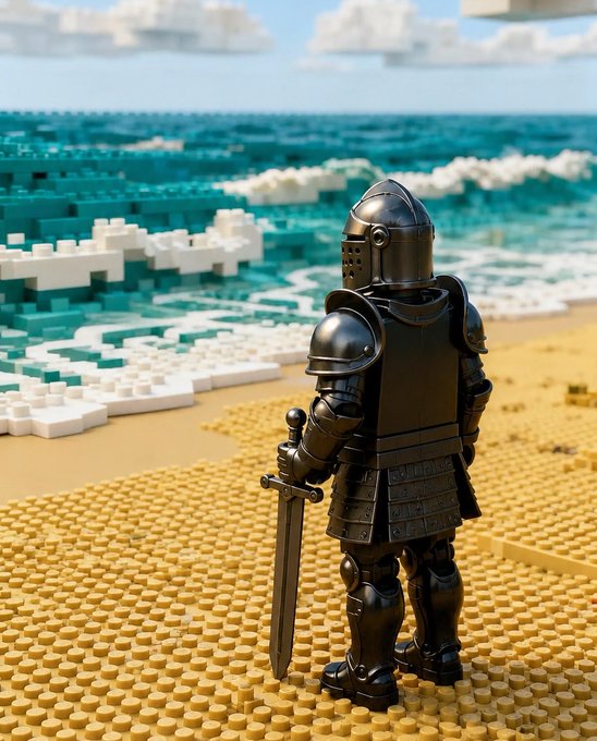 A black-armored knight figure stands on a LEGO-built sandy beach, gazing out at a blocky turquoise sea under a cloudy sky. The image evokes a sense of embarking on a new quest or opportunity, mirroring the post's "gm" optimism and anticipation of stacking more $STKR tokens before a burn event.