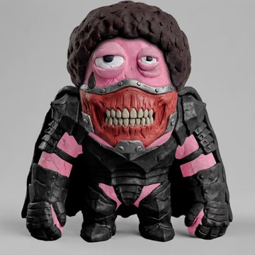 A designer toy figure of a pink-skinned character with curly brown hair, metal jaw guard, and black-and-pink mechanical armor.