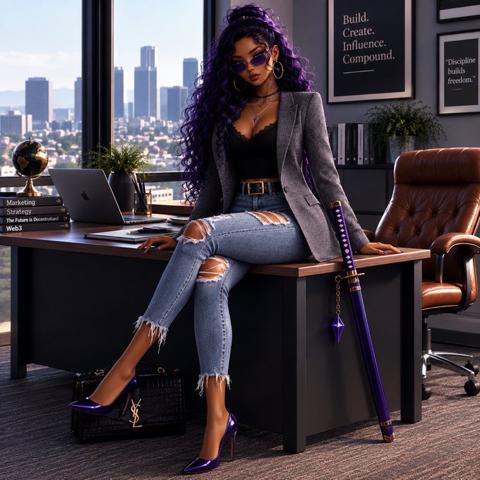 A digital illustration of a woman with purple hair wearing sunglasses, a grey blazer, and ripped jeans sitting on a desk, holding a purple sword, with a cityscape visible through a window and posters reading 'Build. Create. Influence. Compound.' and 'Discipline builds freedom.'