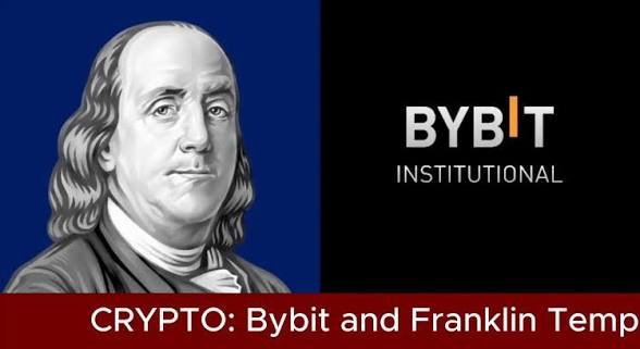 A graphic features a portrait of Benjamin Franklin next to the text 'BYBIT INSTITUTIONAL', with a red banner at the bottom reading 'CRYPTO: Bybit and Franklin Temp'.