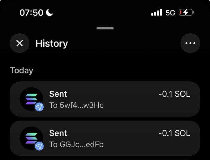 A screenshot of a transaction history showing two "Sent" entries of "-0.1 SOL" each, sent to two different wallet addresses ("5wf4...w3Hc" and "GGJc...edFb"), which corroborates the post claiming to have sent 0.1 SOL each to two tagged recipients.