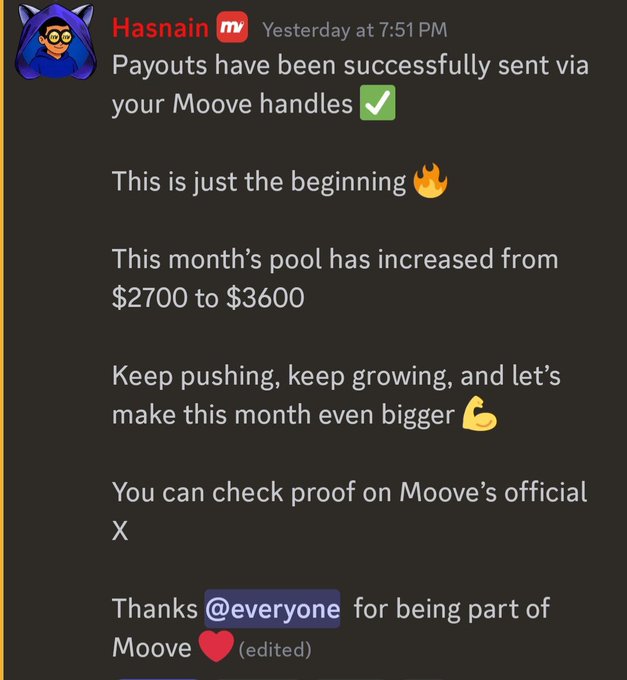 The image features a black text box with instructions about the rewards system at Moove. The text box instructs users that their participation can result in financial gains from trading. It explains how this pool of rewards operates, emphasizing that participation contributes to progress within the system.