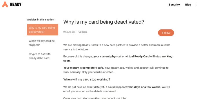 A screenshot from Ready's help center explaining that Ready Cards are being moved to a new card partner, with current physical or virtual cards stopping work soon while the app and funds remain safe.