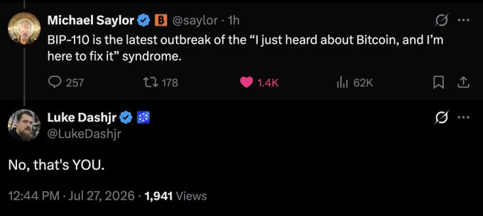 A tweet exchange between Michael Saylor (@saylor) and Luke Dashjr (@LukeDashjr), where Saylor mocks BIP-110 as another "I just heard about Bitcoin, and I'm here to fix it" syndrome, and Dashjr sharply replies "No, that's YOU." The post "Make it stop 🫪" reflects exasperation at the petty back-and-forth between the two Bitcoin figures.