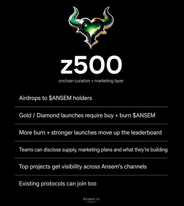 A black informational graphic with a horned heart logo titled "Z500 - onchain curation + marketing layer," detailing rules for airdrops, launches, and leaderboards involving $ANSEM.