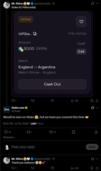A Twitter/X post from Mr. Shina showing an active bet on Stake.com for an England vs Argentina match (Match Winner - England) with $50.00 at 2.66 coefficient, along with a reply from Stake acknowledging the wager.