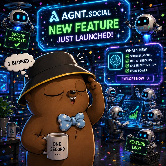 A neon-styled promotional graphic for AGNT.SOCIAL announcing a 'NEW FEATURE JUST LAUNCHED!' with a cartoon bear character and a checklist of features like 'Smarter Agents' and 'Deeper Insights'.