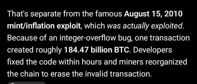 A text excerpt describes Bitcoin's August 15, 2010 mint/inflation exploit, where an integer-overflow bug created approximately 184.47 billion BTC and was fixed via a chain reorganization, illustrating the post's point about Bitcoin's resilience and ability to recover from critical vulnerabilities.