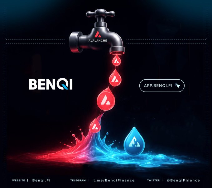 A promotional graphic for BENQI features a black faucet labeled "AVALANCHE" dripping red droplets, with one transforming into a blue drop surrounded by liquid splashes, alongside the "BENQI" logo, "APP.BENQI.FI" button, and contact links (Benqi.fi, t.me/BenqiFinance, @BenqiFinance). The imagery visually represents the post's message about liquid staking—AVAX flowing in and converting into sAVAX—symbolizing how assets remain active and productive across DeFi rather than sitting idle.