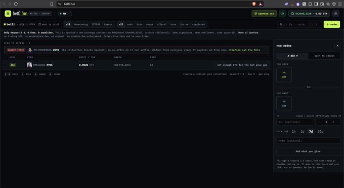 Screenshot of the betfi.fun website showing a 'Linux Market' in the 'ANNUAL' tab with CRV/Ordinals/RUNE, a current offer of 0.0015, and a side panel for adding 'Bus Y' tokens.