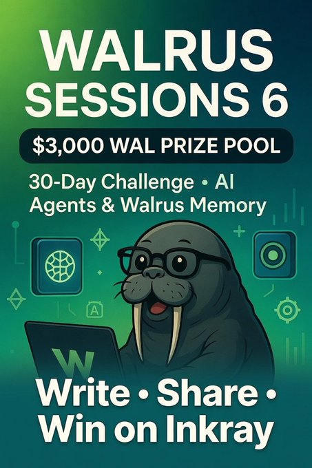 Promotional graphic for 'WALRUS SESSIONS 6' featuring a $3,000 WAL prize pool, a 30-Day Challenge about AI Agents & Walrus Memory, and a cartoon walrus at a laptop, with text 'Write • Share • Win on Inkray'.