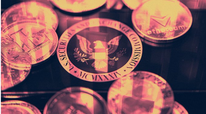 Several physical cryptocurrency coins are arranged on a reflective surface, with the seal of the U.S. Securities and Exchange Commission (SEC) embedded among them, alongside coins bearing the "ethereum" name. The image visually connects the SEC's regulatory authority to the crypto industry it oversees, illustrating the pivotal rulemaking the article describes regarding token issuance and safe harbor provisions.