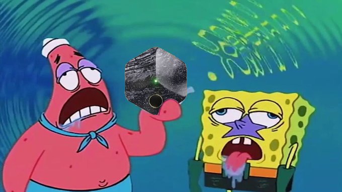 A meme image featuring SpongeBob SquarePants and Patrick Star with drooling, starry-eyed expressions, with Patrick holding a black geometric object while green energy emanates between them.