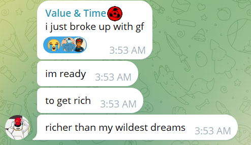 A text message exchange at 3:53 AM reads: "Value & Time—i just broke up with gf 😭" followed by "im ready / to get rich / richer than my wildest dreams." The post captions this as "the ultimate bull market signal," humorously suggesting that a recent breakup and sudden motivation at nearly 4 AM to get rich signals peak bullish sentiment.