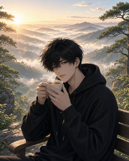 An anime-style young man with messy black hair and a black hoodie holds a steaming cup of tea while sitting on a wooden bench, overlooking misty mountains at sunrise—perfectly capturing the post's "GM. Tea first. Charts later." message of a calm morning ritual before diving into the trading day.