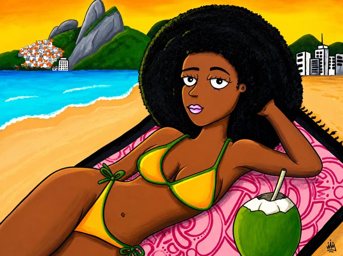 A stylish cartoon woman in a yellow and green bikini lounges on a pink hammock at a vibrant Rio de Janeiro beach scene, complete with Sugarloaf Mountain, the city skyline, and a fresh coconut drink—evoking the iconic setting of "The Girl from Ipanema." This NFT artwork, titled "The Girl from Ipanema," is listed as a 1/1 edition for 222 XTZ on the OBJKT platform, capturing the song's famous Brazilian beach atmosphere through bold colors and a confident, sun-soaked subject.
