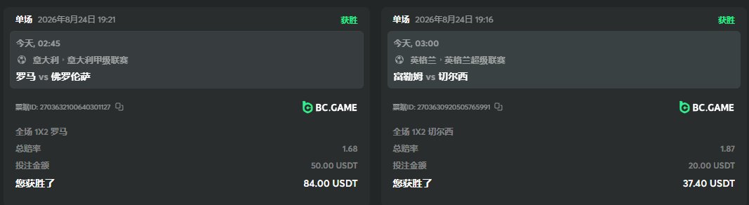 The image shows two winning single bets from BC.GAME: a winning 1X2 bet on Roma vs Hellas Verona with odds 1.68, earning 84.00 USDT from a 50.00 USDT wager, and a winning 1X2 bet on Bayer Leverkusen vs Chelsea with odds 1.87, earning 37.40 USDT from a 20.00 USDT wager. This visual evidence supports the post's claim about "winning two bets last night for a small profit of around 50U," as the combined profit is approximately 51.40 USDT, though the post then pivots to discussing an upcoming Valencia vs Real Betis match.