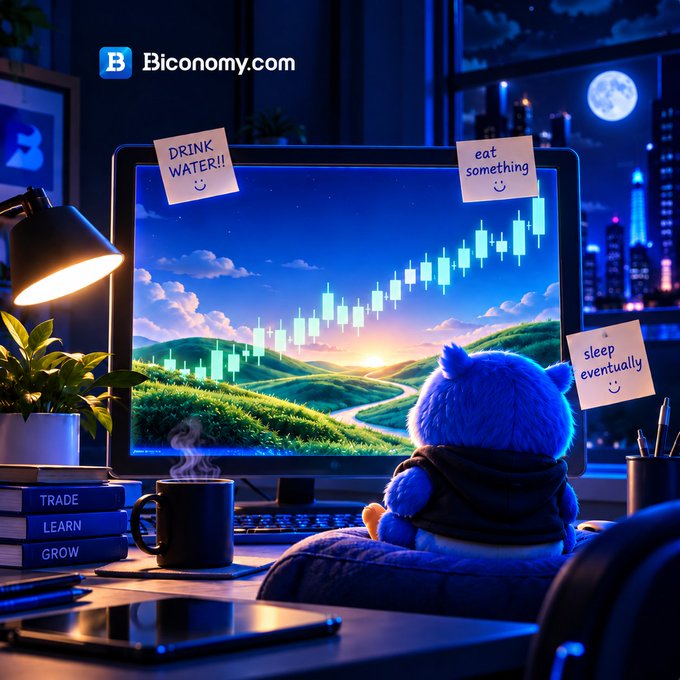 An illustration showing a blue creature looking at a computer monitor displaying an ascending green trading chart, with sticky notes reminding 'DRINK WATER!!', 'eat something', and 'sleep eventually', branded with 'B Biconomy.com'.
