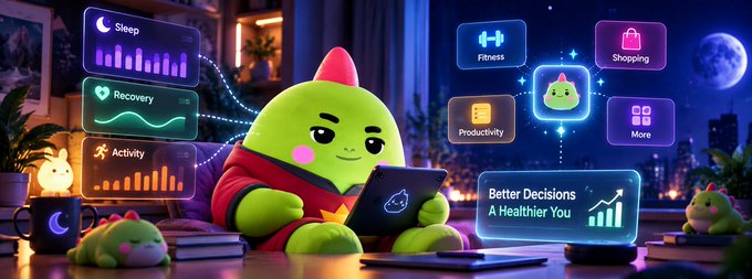 A 3D-rendered green mascot with a red crest uses a tablet at night, surrounded by glowing UI panels labeled 'Sleep', 'Recovery', 'Activity', 'Fitness', 'Shopping', 'Productivity', 'More', and 'Better Decisions, A Healthier You'.