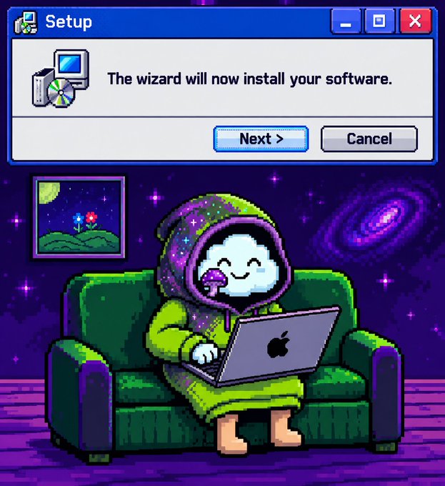 A cozy pixel-art character in a green hoodie sits on a couch with a mushroom, using an Apple laptop beneath a "Setup" wizard window stating "The wizard will now install your software." The scene embodies the "GM let magic happen" sentiment, evoking a dreamy, lucky "good morning" vibe where cosmic wizardry and gaming combine.