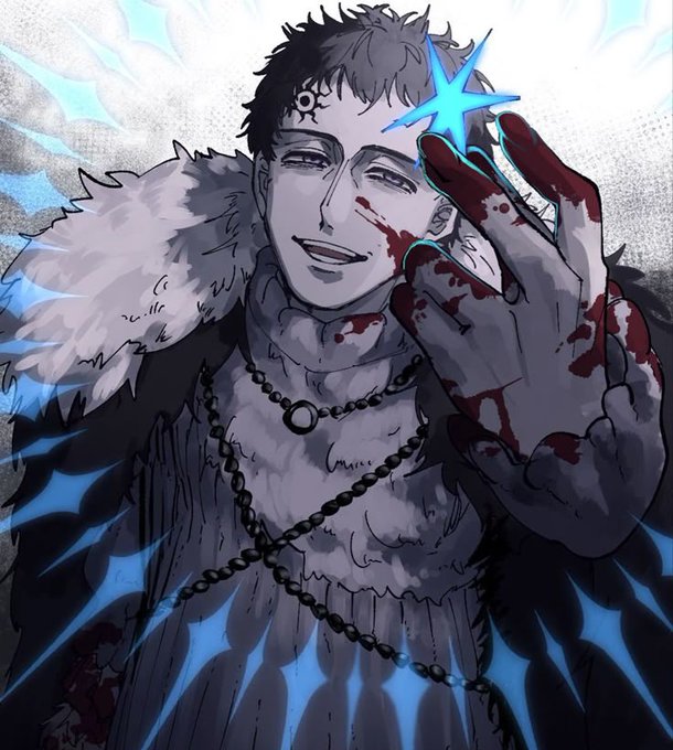 An anime-style illustration of a dark-haired male character with a fur-collared coat, blood-splattered hand raised, chains around his neck, and a blue star-like symbol near his head.
