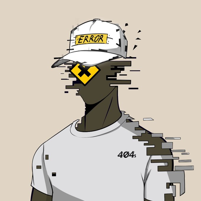 An illustration of a person wearing a white cap labeled 'ERROR' and a white shirt marked '404,' with glitching pixelated distortion obscuring their face marked with a yellow X.