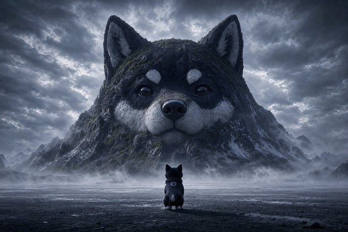 A dramatic digital artwork showing a small black dog facing a massive mountain shaped like a giant shiba inu dog's head under a cloudy sky.