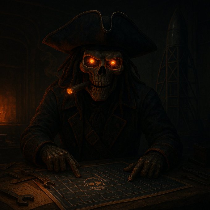 A dark, eerie digital illustration of a skeletal pirate with glowing orange eyes wearing a tricorn hat and smoking a cigar, pointing at a grid-like map or board with a skull symbol on a wooden table.