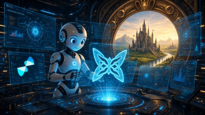 A vibrant sci-fi digital illustration of a white robot interacting with a glowing blue holographic butterfly, set against a backdrop of a golden castle and futuristic data screens showing charts and analytics.
