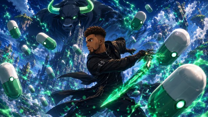 A vibrant fantasy/digital art illustration featuring a character wielding a glowing green sword, surrounded by floating green pill capsules, with a large horned dark figure and a castle in the background.