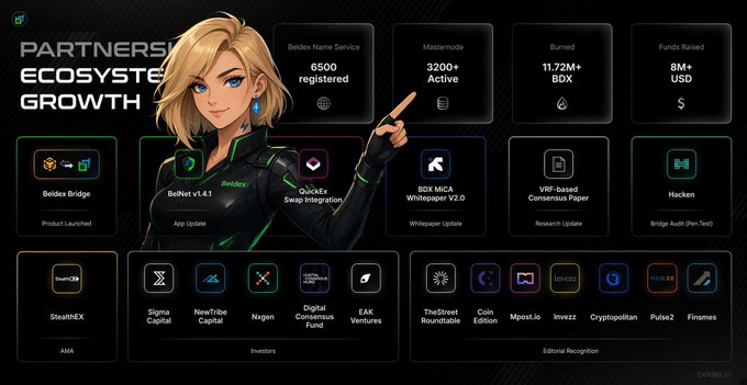 Infographic showcasing 'Beldex Partnership Ecosystem Growth' with anime character, listing stats: 6500 Beldex Name Service registered, 3200+ Masternode Active, 11.72M+ BDX burned, 8M+ USD funds raised.