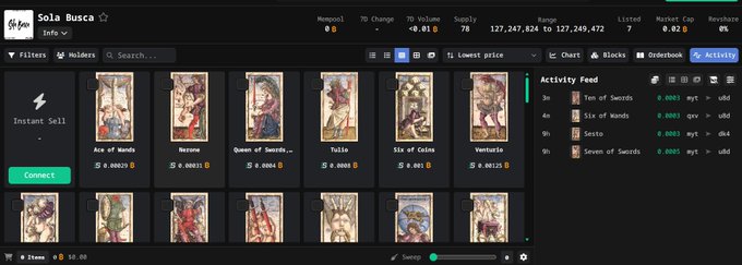 A dark-mode NFT marketplace interface for the 'Sola Busca' ordinal collection, showing various tarot card listings with prices in TON and an activity feed.