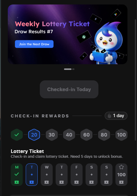 A mobile app screen for a 'Weekly Lottery Ticket' Draw Results #7, featuring a blue penguin mascot holding a box, check-in rewards showing 1 day streak at 20, and a 7-day lottery ticket reward system.