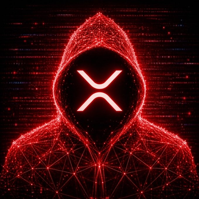 A digital artwork depicting a hooded figure composed of glowing red network nodes and lines, with a large XRP (Ripple) logo glowing in the center against a dark digital background.