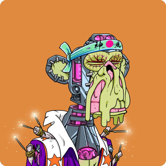 An illustration of a green, slime-covered robotic character with a pink mustache wearing a headband that reads '平和' and '風' on an orange background.