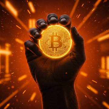 A hand silhouetted against an orange, glowing background holds up a gold Bitcoin coin. Light streaks radiate outward, creating a dramatic, high-energy atmosphere.