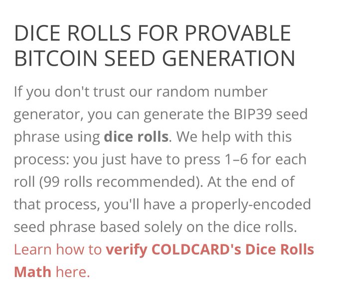 A screenshot showing "DICE ROLLS FOR PROVABLE BITCOIN SEED GENERATION" from COLDCARD, explaining how to manually generate a BIP39 seed phrase using 99 dice rolls by pressing 1-6 for each roll, with a red link to verify the math. The "Man…" caption likely expresses exasperation at the tedious process of needing to manually roll dice 99 times to create a truly trustless Bitcoin wallet seed.