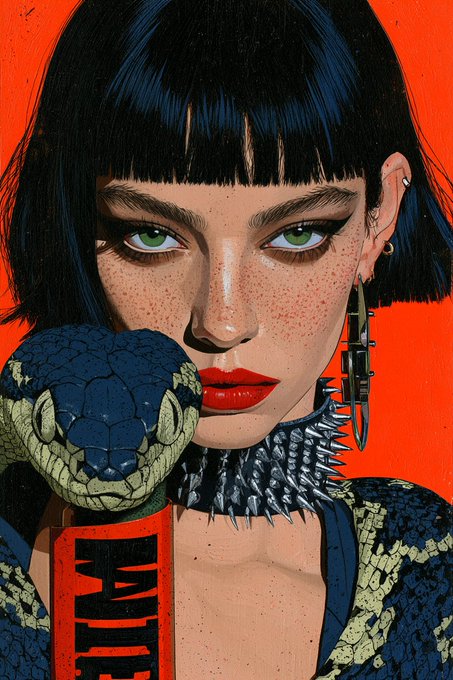 A vibrant stylized digital illustration features a woman with black hair and a snake wrapped around her against a bold orange background, holding a sign that reads 'BITE'.