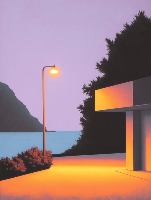 Stylized digital artwork depicting a coastal scene at dusk with a glowing street lamp, silhouetted palm trees, a modernist building emitting warm orange light, and a purple sky over calm blue water.