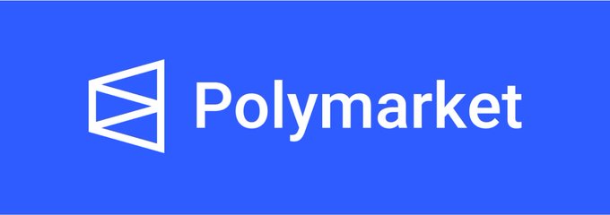 The Polymarket logo is displayed in white text with its geometric icon on a solid blue background.