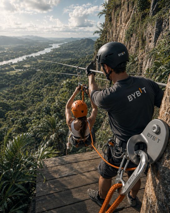 A climber wearing a "BYBIT" branded helmet and shirt assists another climber along a rope course on a cliffside, with the "BYBIT" logo also visible on the metal equipment, visually reinforcing the caption "Securing your next big move" through the metaphor of trust, support, and safe elevation.