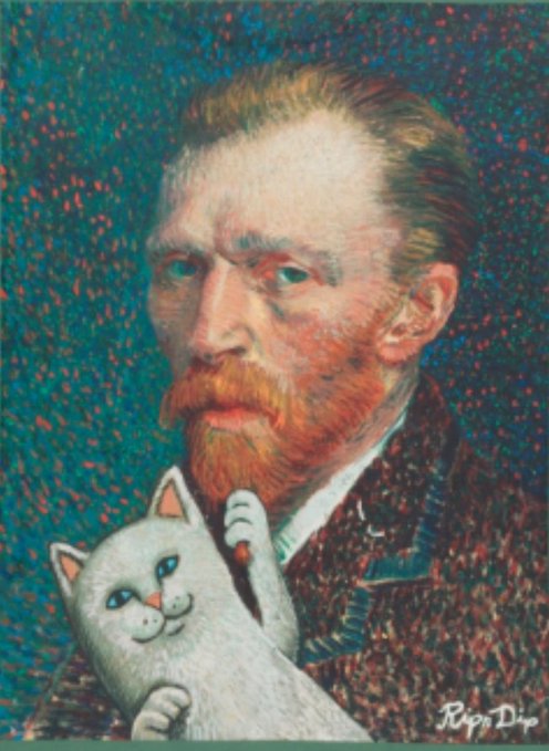 A pointillist-style self-portrait depicting Vincent van Gogh holding a white "Lord Nermal" cat (RIPNDIP's signature mascot), with "RIPNDIP" signed in the bottom right corner. The image illustrates the post's claim of appropriation, showing how RIPNDIP appears to have incorporated Van Gogh's likeness alongside their trademark cat character—likely highlighting that independent artists like @Pigeon_child_ have their work similarly co-opted by the brand.