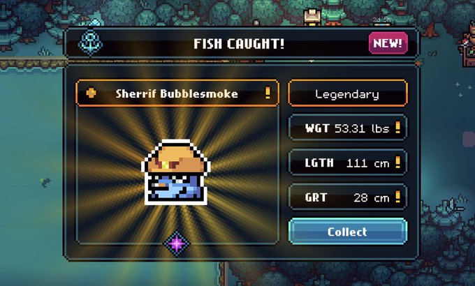 A pixel-art "FISH CAUGHT!" screen displays a new Legendary catch named "Sherrif Bubblesmoke," weighing 53.31 lbs and measuring 111 cm long with 28 cm of girth, ready to be collected. The post celebrates the impressive haul and highlights the growing $35,000+ prize pot for a Gigaverse event.