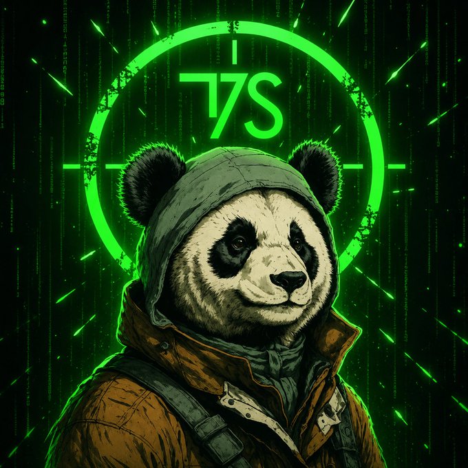A stylized cyberpunk illustration of a panda wearing a hooded jacket with a glowing green scope/crosshair and the text 'T/S' above it.