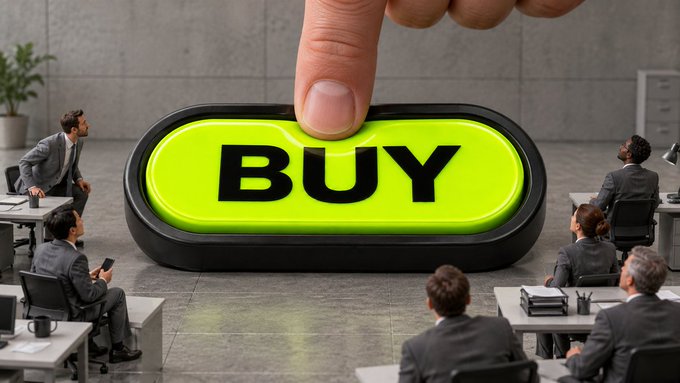 A conceptual image of a giant finger pressing a large green 'BUY' button, surrounded by miniature office workers and businessmen in suits watching the action.