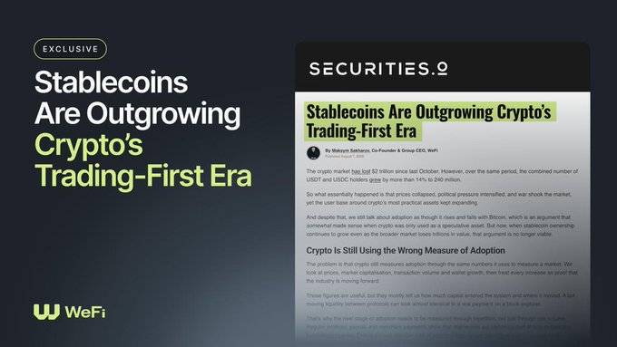 A promotional graphic featuring an article titled "Stablecoins Are Outgrowing Crypto's Trading-First Era" by Makary Salkazan, co-founder of WeFi, alongside bold left-side text reading "Stablecoins Are Outgrowing Crypto's Trading-First Era," highlighting that USDT and USDC holders have grown to over 240 million despite crypto's $2 trillion market loss, illustrating the disconnect between declining crypto trading and surging stablecoin adoption.