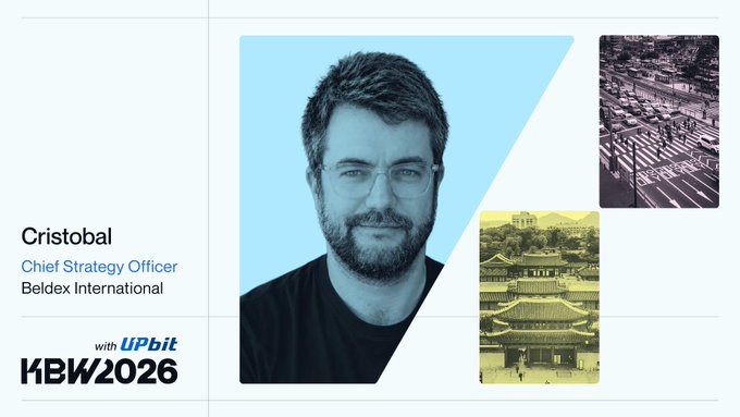 A speaker profile slide for Cristobal, Chief Strategy Officer at Beldex International, featuring his photo alongside images of Seoul and a palace, with 'KBW2026 with UPbit' branding.