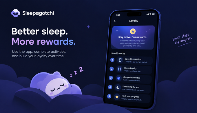 Promotional graphic for the 'Sleepagotchi' app featuring 'Better sleep. More rewards.' alongside a mobile phone interface displaying a 'Loyalty' rewards section.
